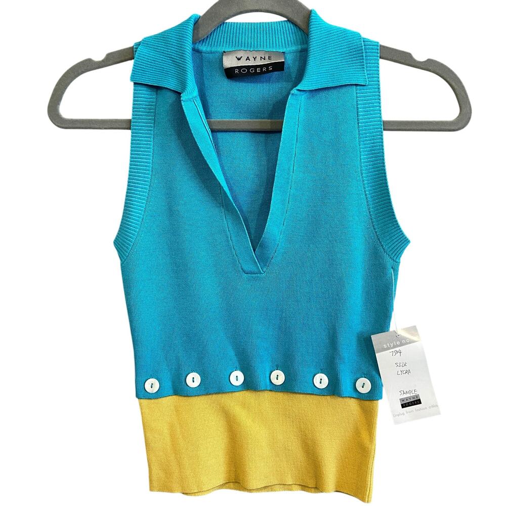 Wayne Rogers Blue Yellow Ribbed Sleeveless V Neck Cropped Top Size XS